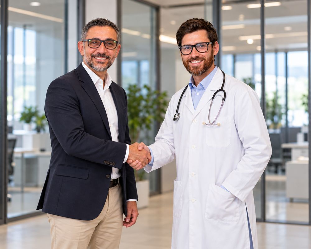 Contador da Resilcon cumprimentando um médico no escritório